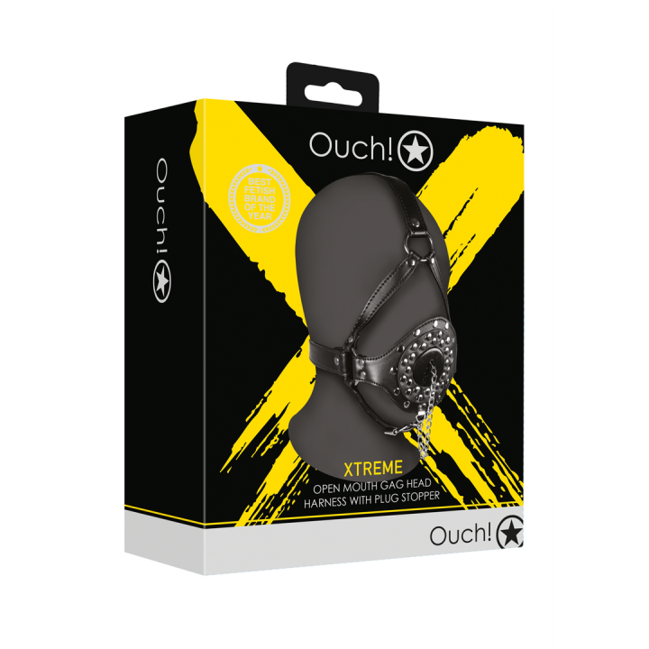 Open Mouth Gag Head Harness with Plug Stopper - Black