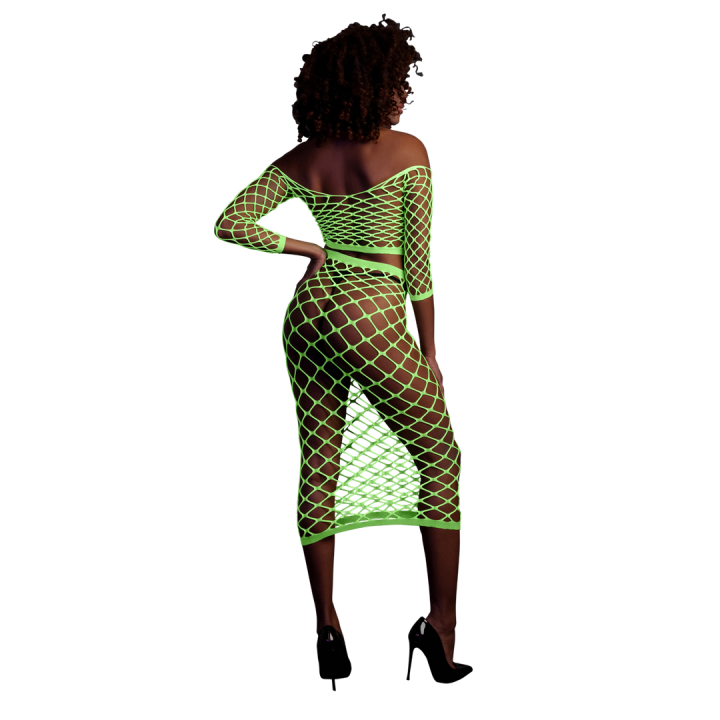 Long Sleeve Crop Top and Long Skirt - One Size - Neon Green