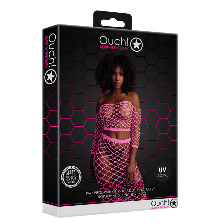 Long Sleeve Crop Top and Long Skirt - One Size - Neon Pink