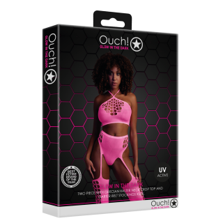 Two Piece with Crop Top and Stockings - One Size - Neon Pink