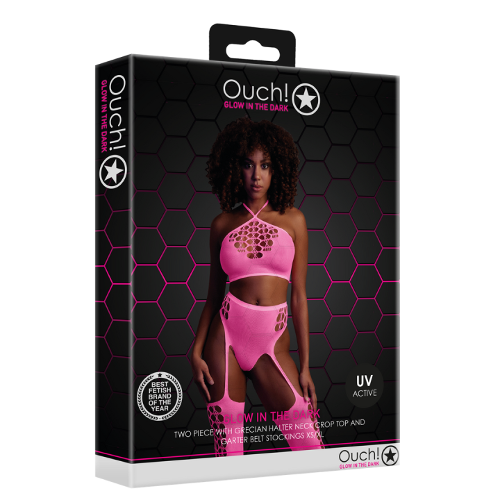 Two Piece with Crop Top and Stockings - One Size - Neon Pink