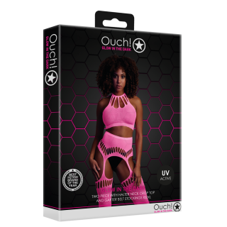 Two Piece with Crop Top and Stockings - One Size - Neon Pink