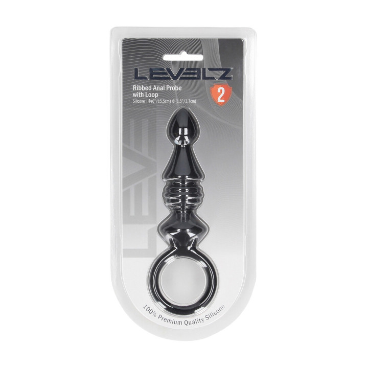Ribbed Silicone Anal Probe with Loop - Black