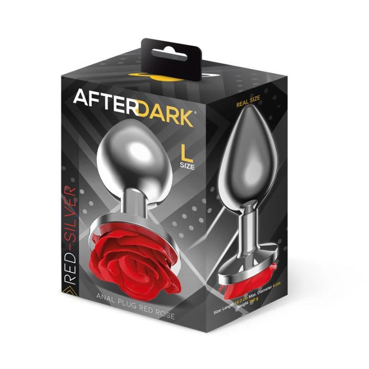 Silver Metal Anal Plug with Red Rose Base Size L